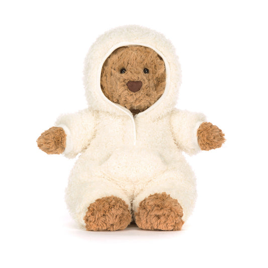 Jellycat Bartholomew Bear All-in-One Outfit – beige bjørnebamse i heldekkende krem antrekk, avtakbare klær, 28 cm