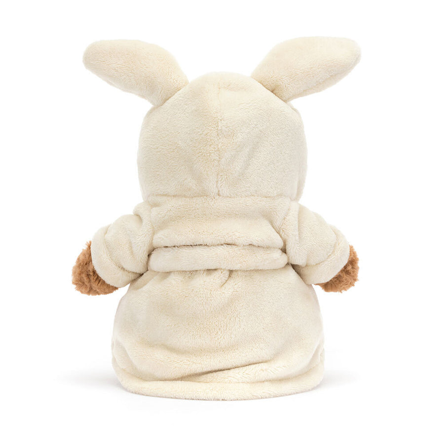 Jellycat Bartholomew Bear Bathrobe detalj – nærbilde av badekåpe-detaljer og broderte øyne