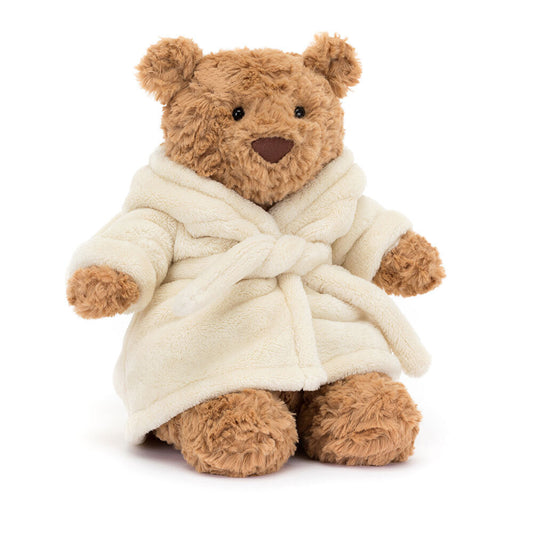 Jellycat Bartholomew Bear Bathrobe – beige bjørnebamse i myk hvit badekåpe med belte, 26 cm