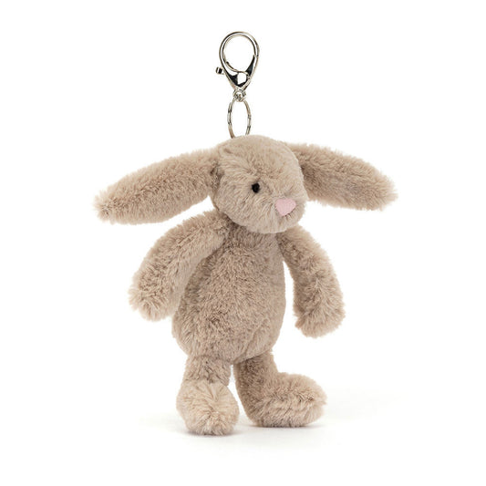 Jellycat Bashful Bunny Beige Bag Charm – beige kaninbamse nøkkelring med lange ører og metallfeste, 18 cm
