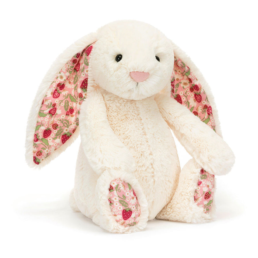 Jellycat Blossom Cream Bunny Berry Original – kremhvit og bær-farget kaninbamse med myke lange ører