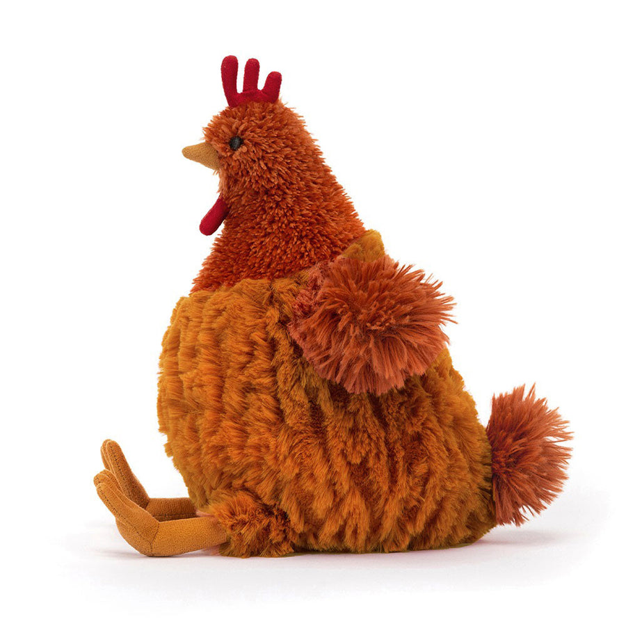 Jellycat Cecile Chicken sett fra siden – lubben høne med sennepsgule suedette-føtter