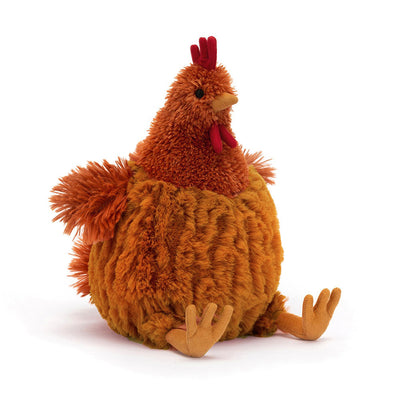 Cecile Chicken fra Jellycat – myk høne på 23 cm med krydderbrune fjær og rød kam