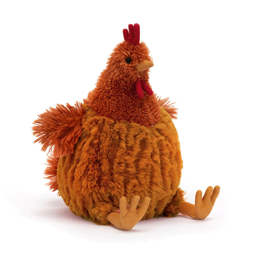 Cecile Chicken fra Jellycat – myk høne på 23 cm med krydderbrune fjær og rød kam