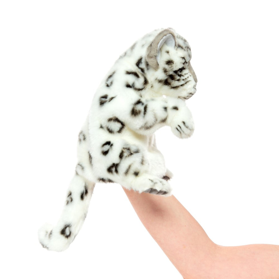 Hansa Creation Snøleopard Hånddukke liggende – naturtro hvit snøleopard hånddukke