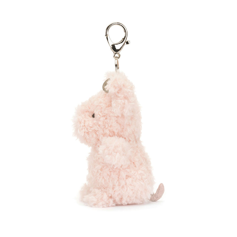 Jellycat Little Pig Bag Charm sett fra siden – rosa plysj gris med metallenke