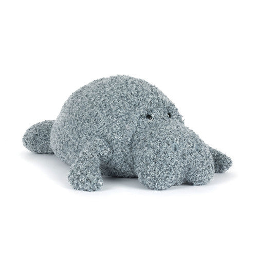 Jellycat Maffles Manatee – stor grå sjøku bamse med rundt smilende ansikt og myke finner, 52 cm