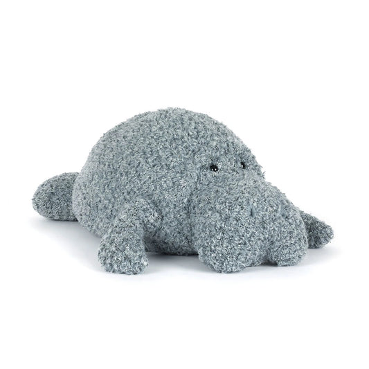 Jellycat Maffles Manatee – stor grå sjøku bamse med rundt smilende ansikt og myke finner, 52 cm