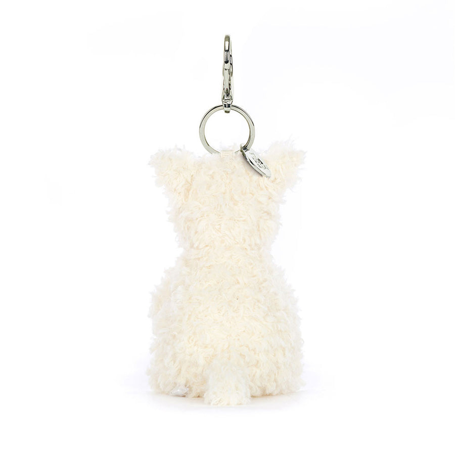 Jellycat Munro Scottie Dog Bag Charm sett fra siden – svart plysj scotch terrier nøkkelring