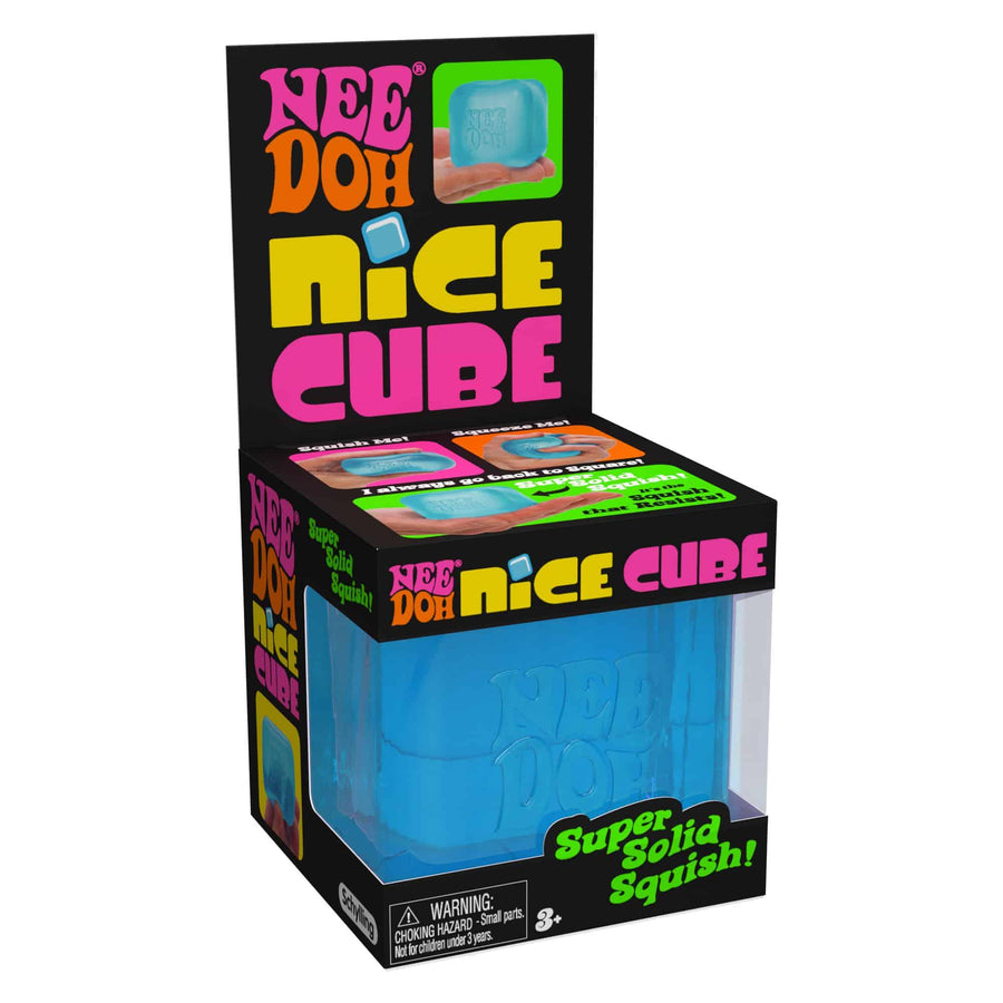 NeeDoh Nice Cube Stresskube – blå variant i emballasje, ca. 6 cm