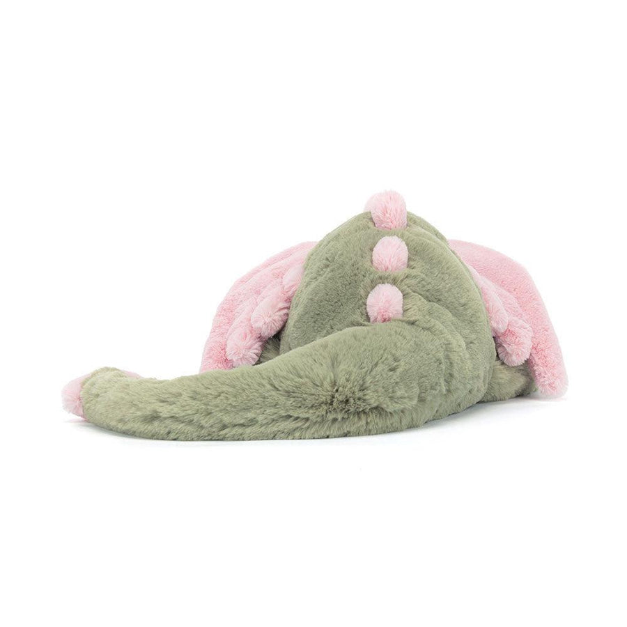 Jellycat Malachy Dragon forfra – grønn drage med rosa øreflipper og brodert ansikt