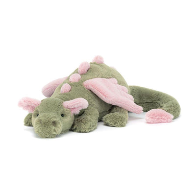 Jellycat Malachy Dragon – olivengrønn drage-kosedyr med rosa vinger og lang hale, liggende