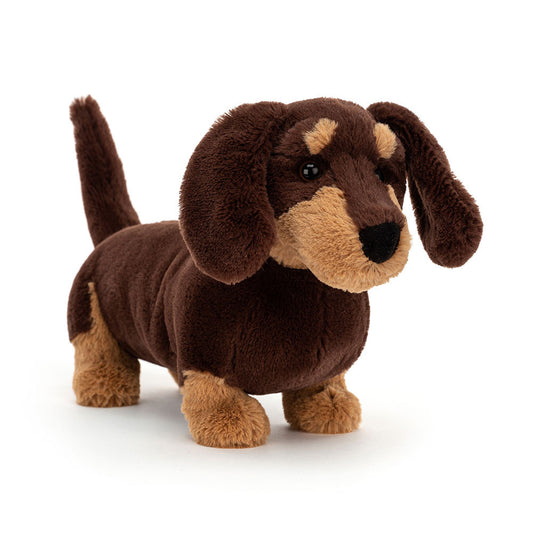 Jellycat Otto Sausage Dog – lang brun dachs kosedyr med korte bein og vennlig smilende ansikt