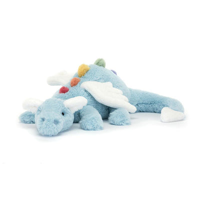 Jellycat Sky Dragon Large – himmelblå drage-kosedyr med regnbuepigger og vinger, 50 cm