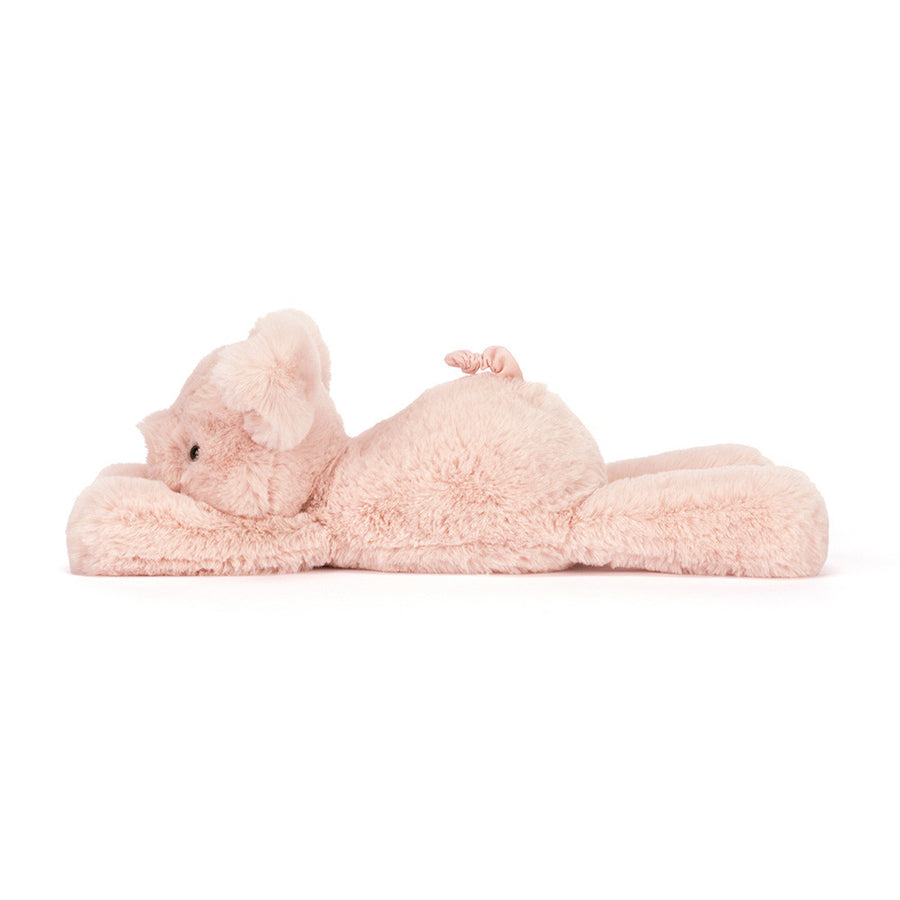 Jellycat Smudge Pig Original detalj – nærbilde av smilende ansikt og rosa pels