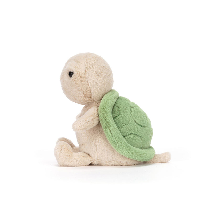 Jellycat Thimble Turtle detalj – nærbilde av broderte øyne og skall-mønster