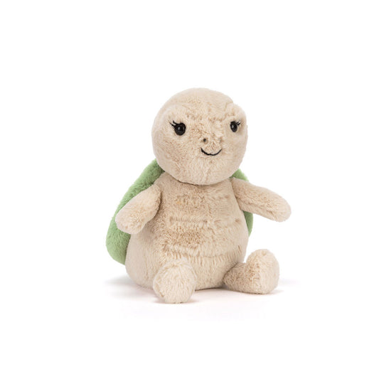 Jellycat Thimble Turtle – liten grønn skilpadde kosedyr med strukturert skall og myke finner, 14 cm
