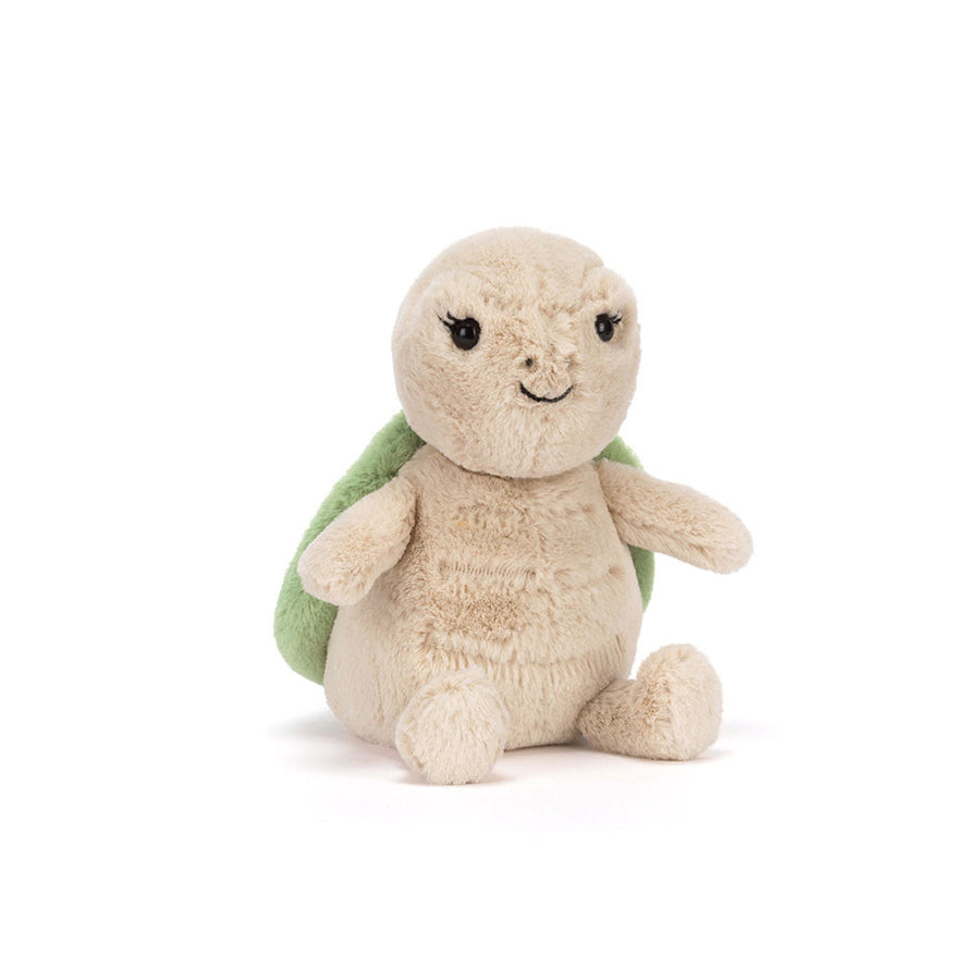Jellycat Thimble Turtle – liten grønn skilpadde kosedyr med strukturert skall og myke finner, 14 cm