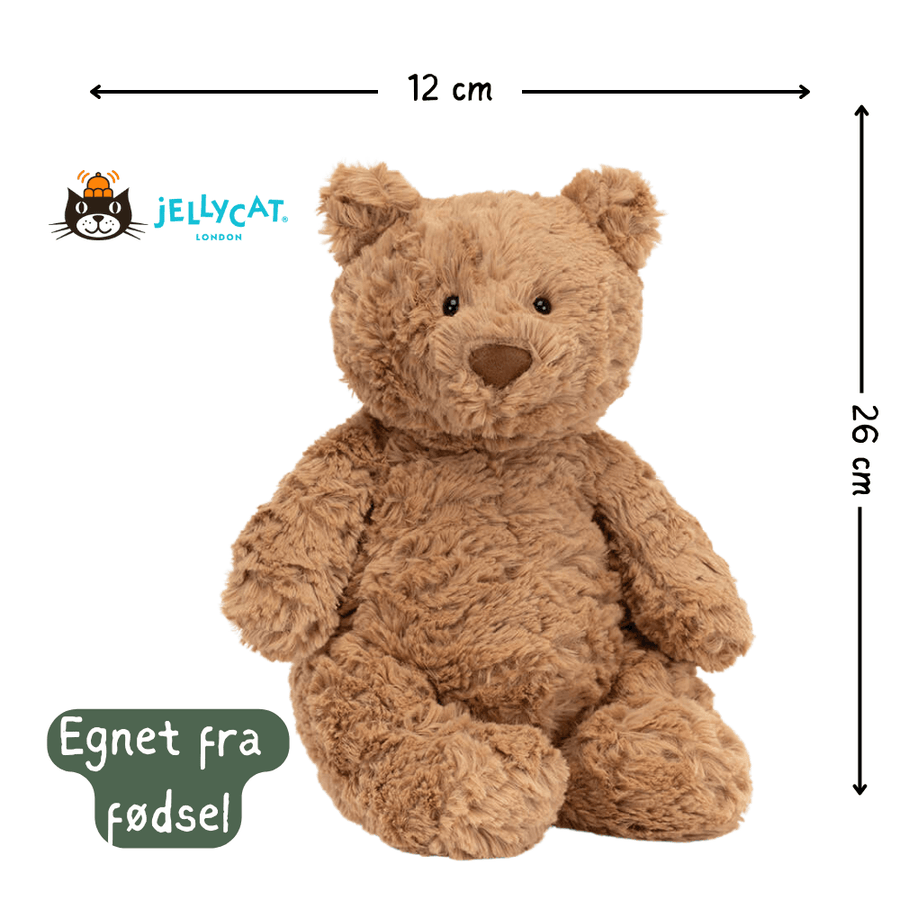 Jellycat Bartholomew Bear Medium i bruk – myk beige bjørnebamse holdt av barn