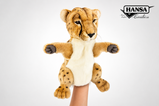 Hansa Creation Gepard Hånddukke – naturtro gepard med gul pels og svarte prikker, 28 cm