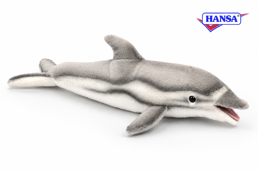 Hansa Creation Delfin Bamse – naturtro blå og hvit delfin plysj med buet kropp og finner, 31 cm