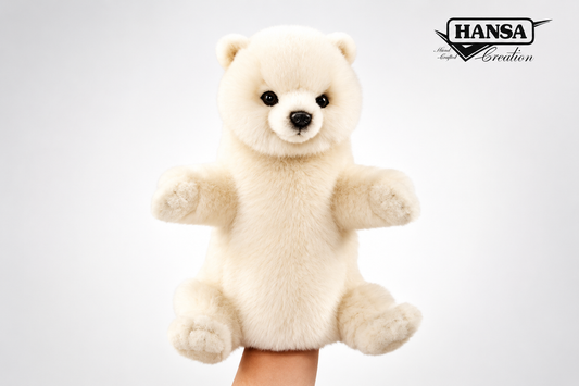 Hansa Creation Isbjørn Hånddukke – hvit isbjørn med naturtro pels og sort nese, 31 cm