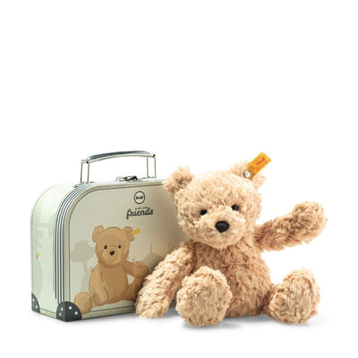 Steiff Jimmy Teddybjørn i Koffert – Jimmy-bamsen i lysebrun plysj med sin reisekoffert, 25 cm