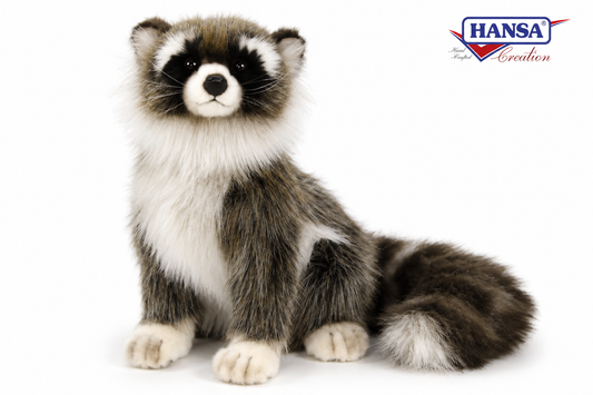 Hansa Creation Vaskebjørn Bamse – naturtro vaskebjørn med grå pels og sorte øyemasker, 24 cm
