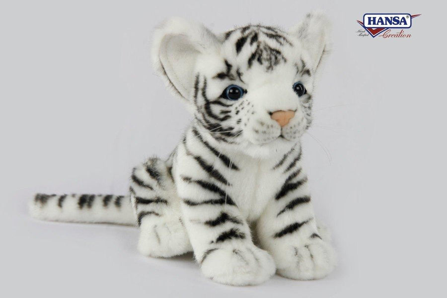 Hansa Creation Hvit Tigerunge sett fra siden – hvit tiger plysj med svarte striper