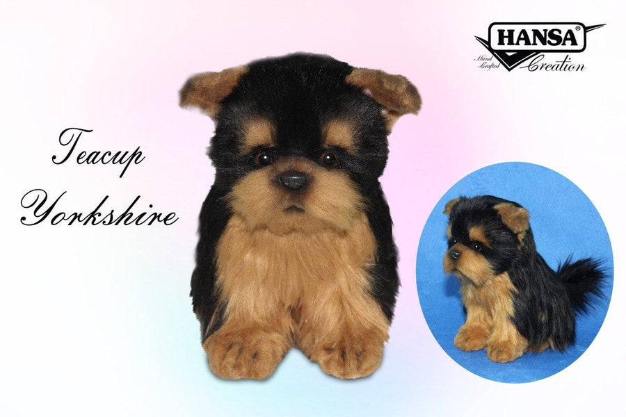 Hansa Creation Yorkie Teacup sett fra siden – brun og blå-grå Yorkshire Terrier plysj